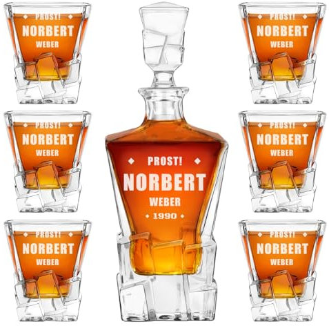 Maverton 950 ml Whiskey Karaffe + 6er Whiskygläser Set mit Gravur - Whisky Dekanter - luxuriöses Design - Kristallglas - für Männer zum Geburtstag - Prost