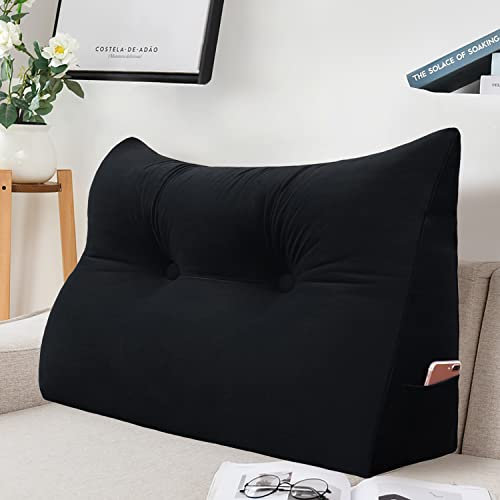 Johnear Rückenkissen Bett Keilkissen Sofa Rückenlehne Lesekissen, Lehnenkissen Dreieckige Kopfkissen Lendenkissen mit abnehmbarem Samt Bezug (Schwarz, 60cm