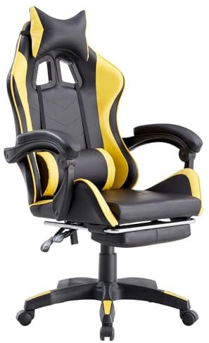 WeHome - Sedia da Gaming Racing Ergonomica Reclinabile con Braccioli, Poltrona Ufficio Girevole con Rotelle, Poggiapiedi, Poggiatesta e Cuscino Lombare in Similpelle, Portata: 125kg (Giallo)