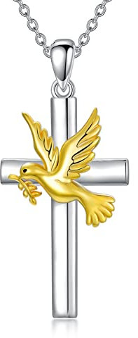 ROMANTICWORK Kreuz und Taube Kette Sterling Silber Kreuz Friedenstaube Anhänger Halskette Schmuck Geschenk für Frauen Damen