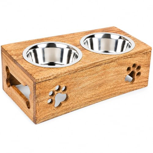 Wooden Dog Cat Pet Feeder Station Stand with 2 Stainless Steel Bowls | Raised Cat Bowl Dogs Bowl Elevated Cat Dog | Pet Dining Table for Cats and Puppy | 16 x 8.5 x 5 Inches