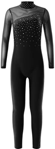 Aislor Gymnastikanzug Ganzkörper Mädchen Langarm Rundhals Sportbody Turnen Bodysuit Strass Glitzer Tanztrikot Rückenfrei Turnbody Schwarz 146-152