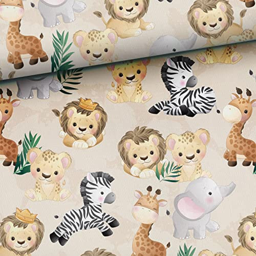 Keine Meterware, Stoffe zum Nähen, Stoff für Kinder, 100% Baumwolle: 0,5m Premium Baumwollstoff mit Wildtiere - Tiere Löwe Zebra Giraffe Elefant Gepard - Jungen König Kinderstoff