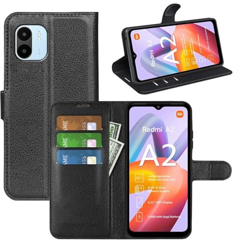 Handyhülle Kompatibel mit Xiaomi Redmi A2 | Premium Qualität TPU Klapphülle für Redmi A2 mit Kartenfächern | Magnetverschluss Handyhülle | Schwarz