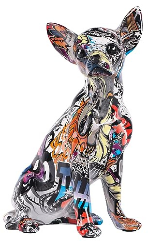 orenm Chihuahua Deko Figur, Bunte Hundestatue aus Kunstharz, Moderne Graffiti Hunde Skulptur, Wohnzimmer Deko, Büro Tischdekoration, Geschenkidee für Hundeliebhaber