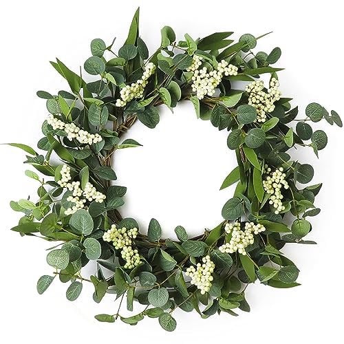 FENYUAN Kränze für Haustür, 50,8 cm, künstlicher Eukalyptus-Kranz, weiße Beeren, grüner Kranz für Haustür, Fenster, Veranda, Hochzeit, Bauernhaus, Garten, Party, Hochzeit, Frühling, Sommer, Innen- und