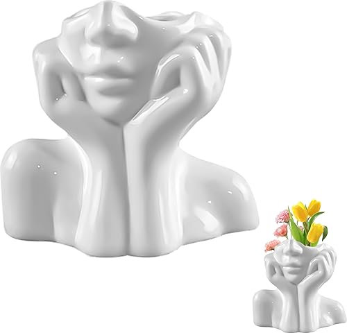 YOYIAG Head Face Vase: White Ceramic Face Flower Planter for Bedroom, Garden, Wedding, Office