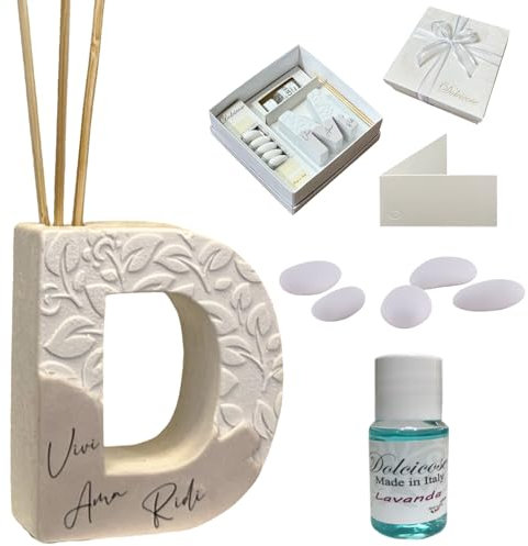 Regalami.Shop bomboniera profumatore in Marmo di Carrara Completo di Scatola, Confetti, Essenza, Nastro e bigliettino (Lettera d)
