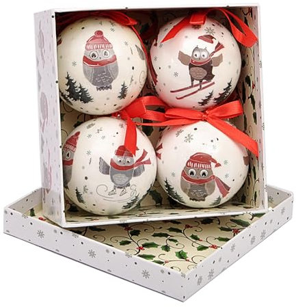 Ciao- Set 4 sfere decoupage ornamentali Cute Winter Owls (Ø7,5cm) con nastro in tessuto per albero di Natale in giftbox