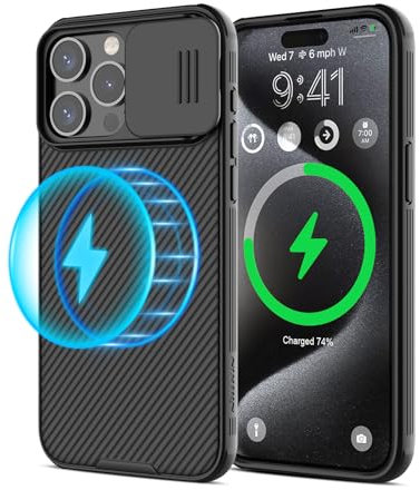 Nillkin Custodia per iPhone 15 Pro Max Magsafe con Copertura Scorrevole per Fotocamera, Compatibile con La Ricarica Wireless MagSafe per iPhone 15 Pro Max 6,7 - Nero