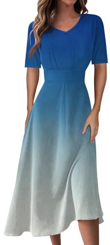 RMBLYfeiye Damen Kleider Elegant Sexy Kleid Damen Erotisch Zumba Kleidung Damen Farbverlauf V-Ausschnitt Abendkleid Lang Elegant Abschlusskleid A Linien Sommerkleid Kurzarm Jeanskleid (Hellblau L)