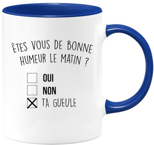 quotedazur Café-Croissant - Mug Personnalisé Humour Êtes- Vous De Bonne Humeur Le Matin Oui Non - Cadeau Noël Original Drôle Anniversaire Tasse Collègue Homme Femme - Bleu/Céramique