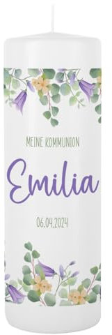 Striefchen® Personalisierte Stumpenkerze zur Taufe, Kommunion oder Konfirmation 25cm (H) x 8 cm (D) (Eukalypus)