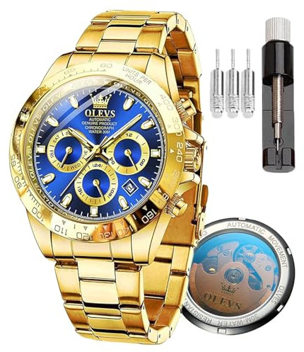 OLEVS Herren Automatikuhr Automatikuhr Geschwindigkeitsmessung Timing Lünette Mechanische Uhr Wasserdicht und Leuchtend Kalender Woche Edelstahl Präzisionsband, 6638-blaues Zifferblatt, Klassisch