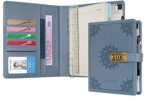 WASON Diario con candado A5 cuaderno de notas de hojas rayadas recargables planificador carpeta de escritura con bolígrafo y para ideal organizador negocios escuela y viajes(Azul niebla)