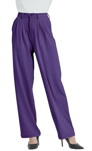 Tronjori Pantaloni da donna a vita alta casual a gamba dritta pantaloni da lavoro per ufficio pantaloni da lavoro pantaloni da tuta con elastico in vita, Viola uva, L