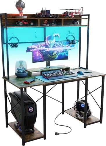 TRIUMPHKEY Scrivania da Gaming con Luci LED,120x60x162cm Tavolo da Gioco con Prese di Corrente e 2 Prese di Ricarica USB, Tavolo per Computer con Supporto per Casa(Marrone)