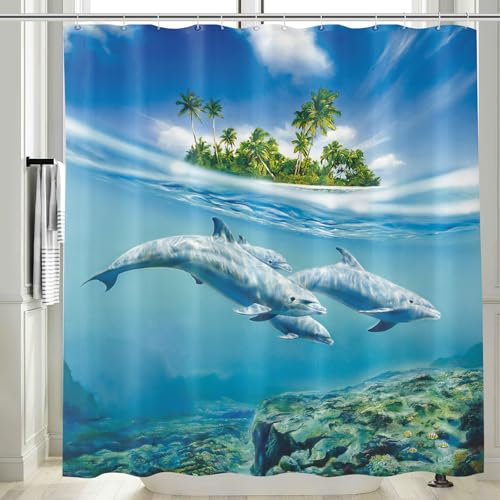 Vgzsyomqib Dauphin Rideau Douche Anti Moisissure 3D Imprimé Océan Mer Bleu Rideau de Salle Bain 180x200 Long Tissu Polyester Imperméable Motif Fond Marine île Rideaux Baignoire Lavable