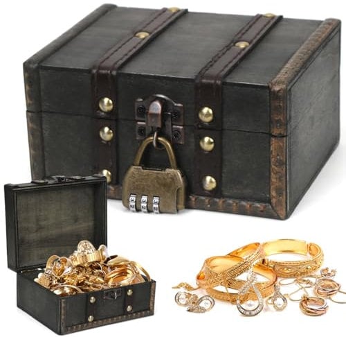 Meleager Schatzkiste Holz, Schatztruhe Kindergeburtstag, Schatztruhe mit Zahlenschloss, Schatztruhe Kinder, Vintage Schatzkiste Holz für Aufbewahrung Dekoration(15 x12 x 7.5cm)