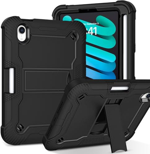 Telaso for iPad Mini 7 A17 Pro Case 2024, iPad Mini 6 Case 2021 8.3 Inch with Pencil Holder + Adjustable Kickstand, Heavy Duty Shockproof Protective Tablet Cover, Black