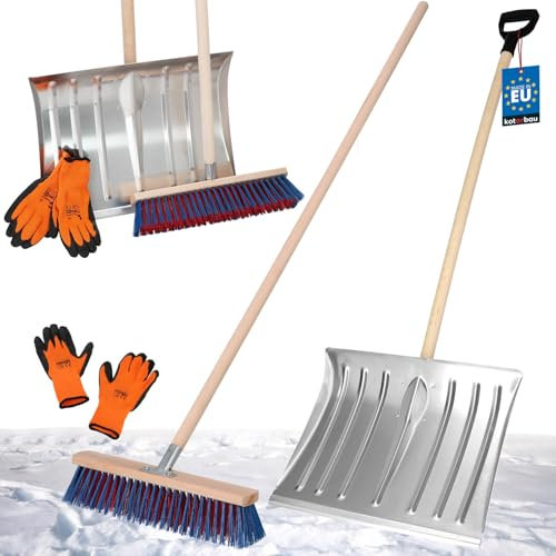 KOTARBAU® Set Schneeschaufel mit Holzstiel 137 cm Straßenbesen 43 cm + Handschuhe Schneeschieber Snow Shovel Schneeräumer Gartenbesen mit Stiel draußen Schneeschaufel Auto Holz Stiel zur Schneeräumung