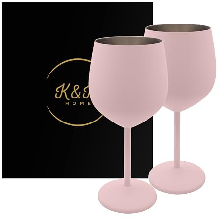 K&K Home Pink Stainless Steel Unbreakable Pink Wine Glasses - 18 oz - Set of 2 Colored, Stemmed Metal Wine Glasses Perfect for Outdoors, Weddings, and Parties