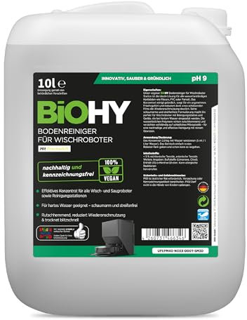 BiOHY Limpiador de suelos para robot de limpieza con aroma fresco (bidón de 10 litros) | detergente concentrado para todos los robots limpiadores y aspiradores con función húmeda | brazo de espuma y