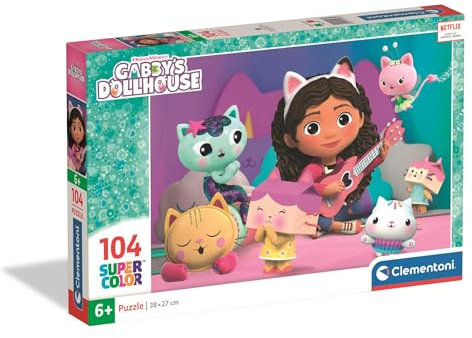 Clementoni - Puzzle per Bambini 104 Pezzi Supercolor, per Bambini 6+ Anni, Illustrazione con Personaggi dal Cartone Gabby's Dollhouse, Idea Regalo, Made in Italy, 38x27 cm, 25033