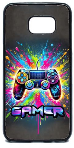 FunKaz Coque pour Samsung Galaxy S7 Edge - Gamer Manette de Jeu Fond Multicolore - Coque Noire TPU