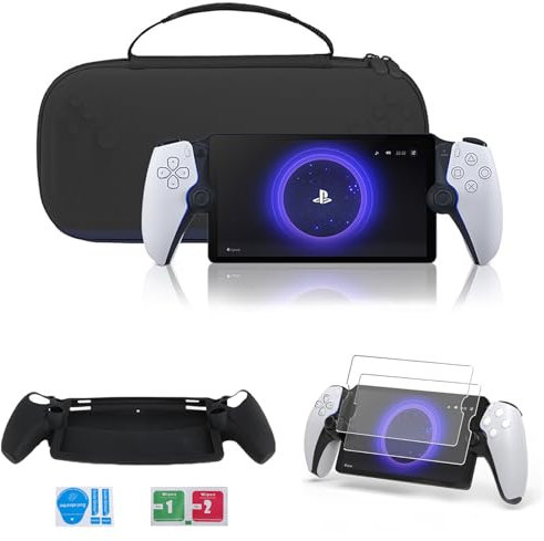 Custodia rigida per Playstation Portal Remote Player – Borsa protettiva per accessori PS5 come cuffie,con cover in silicone,2 pellicole vetro temperato e 4 grip joystick (Nero)