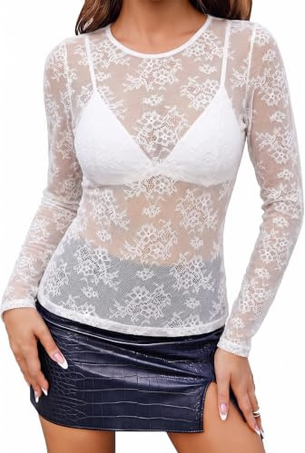 Avidlove Lace Mesh Top for Women Long Sleeve Round Neck Floral Lace Tops
