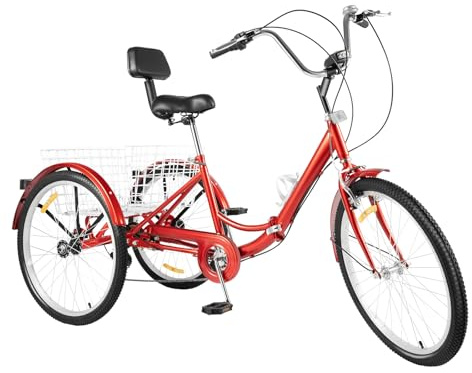 Akuoyiexemye 24 Zoll Faltbares Erwachsene Dreirad mit 7 Gänge & 120kg Tragkraft, 3-Rad-Fahrrad mit Einkaufskorb, Klappbares Lastenrad Tricycle (Rot)