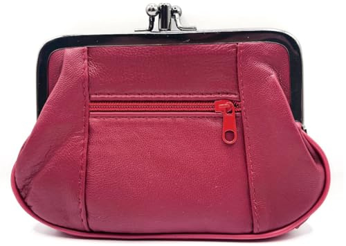Charmoni - Portefeuille Femme - Porte Monnaie Fermeture clic clac Fermoir - Poche zippée - en Cuir d'agneau - 15 x 10 x 1 cm (Bordeaux)