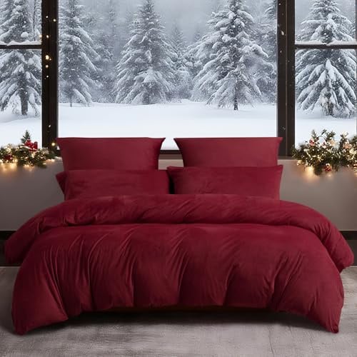 YASMENG Winter Bettwäsche 135x200 4teilig Weinrot Warm Kuschelig Flauschige Bettwäsche Winter Weich Samt Plüsch Fleece Flanell Bettbezug Set Geschenk mit Reißverschluss und 2 Kissenbezüge 80x80 cm