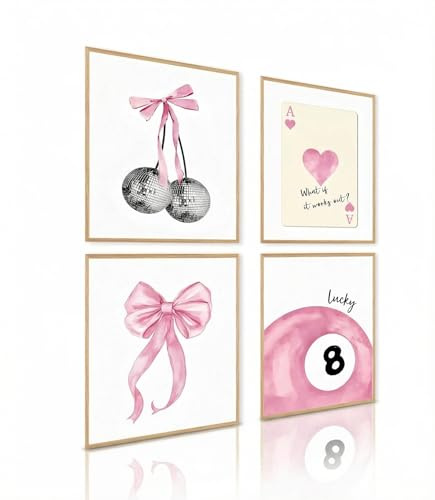 Set aus 4 rosa Coquette trendigen Preppy-Wandkunstdrucken, Schleife und Kirschen Deko-Poster, niedliches College-Geschenk für Mädchen Schlafzimmer Schlafsaal, ohne Rahmen (30x40cm)