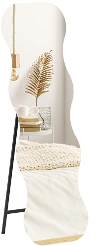 HOMCOM Ganzkörperspiegel 160 x 50 cm unregelmäßig gewellter rahmenloser Standspiegel mit Holzsockel, zum Anlehnen, Stehen, Spiegel für Wohnzimmer, Schlafzimmer, Flur, Schwarz