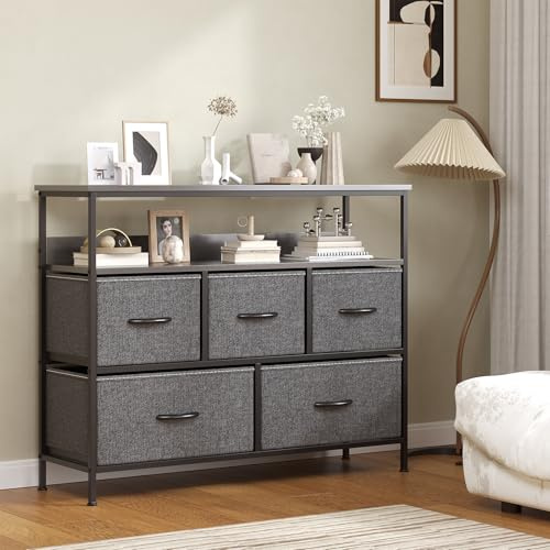 Feonase Chest of Drawers, 5 Drawers Dresser with TV Stand, Metal Frame and MDF Top Board, Adjustable Feet, Storage Unit Ideal for Bedroom, Living Room, Closet, Hallway, Deep Grey