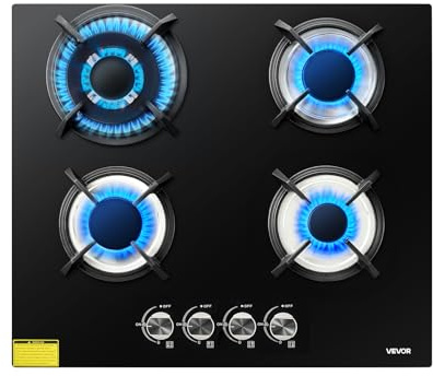 VEVOR Placa de Gas con 4 Fuegos 560 x 480 mm, Placa de Cocción de Gas Máx. 7,8 kW, Placa de Vidrio Templado Integrada, Convertible a GLP, GN, con Protección de Termopar para Sellar, Guisar, Hervir