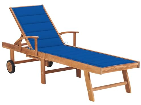 WGYHOME Lettino prendisole con cuscino blu reale in teak massiccio, 195 x 59,5 cm, schienale regolabile (4 livelli), per giardino, terrazza e piscina, fascino rustico per esterni