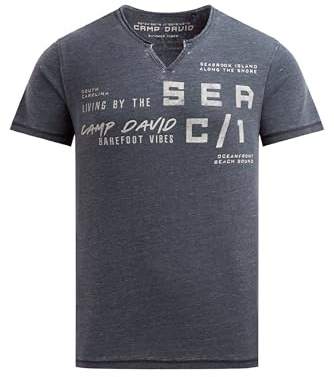 Camp David Herren Ausbrenner-Shirt mit Used Look und Label Prints Blue Navy, M