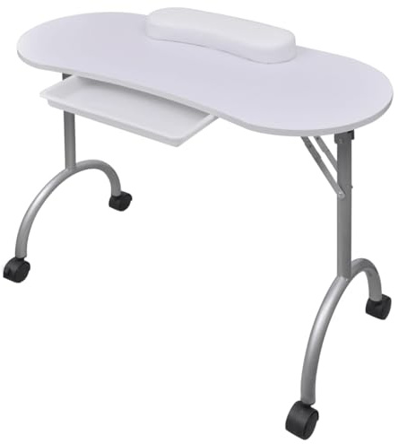 ZXQVLMRS Klappbarer Maniküre-Tisch mit Rollen, Nageltisch für Nageldesign, mit Schublade, Handgelenk-Kissen & Tragetasche, Weiß