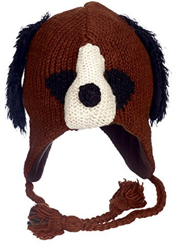 Handgestrickte Wollmütze | Hund | lustige Wollstrick Fleece gefüttert Tiermütze für Damen und Herren | Einheitsgröße | Wollige Wintermütze mit Ohrenwärmern und Quasten braun