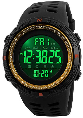 SKMEI Orologio sportivo digitale da uomo, impermeabile, militare, cronometro, conto alla rovescia, data e allarme automatico, Oro, Large, Moda