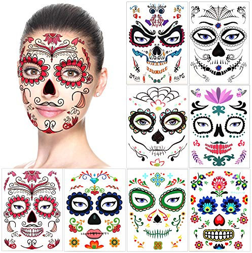 halloween tatuajes temporales de cara (8 hojas), halloween mascarada Día de los Muertos esqueleto cráneo cara completa tatuajes de maquillaje para mujeres Hombres adultos Niños Halloween Prop cosplay