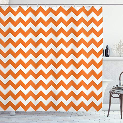 ABAKUHAUS Herbst Duschvorhang, Urlaub Seasonal Farbe, Stoffliches Gewebe Badezimmerdekorationsset mit Haken, 175 x 180 cm, Orange Weiss