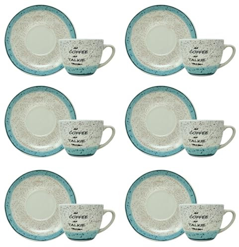 NAMAI - Set da 6 Tazzine Caffe Particolari con Piattino, Stile Autentico, Porcellana, Adatte In Lavastoviglie e Microonde, Idea Regalo (Tazzine Granuli Azzurro)