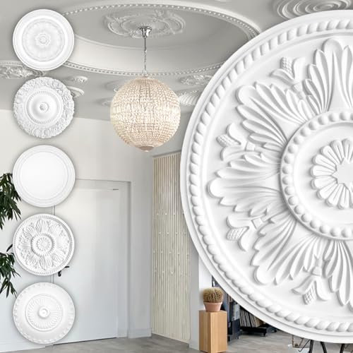 HEXIM Perfect rosette stucco - grand choix de rosettes de plafond en mousse dure de PU, robuste, élément décoratif (B3018 - Ø 460 mm) Bordure de lustre médaillon décoration intérieure