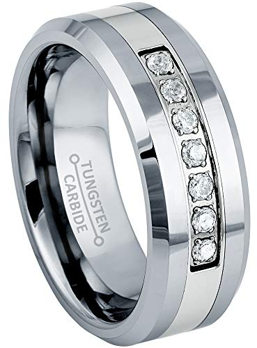 Jewelry Avalanche 7-stone Prong Set Diamond Simulated CZ Mens Tungsten Carbide Wedding Band - Polished Beveled Comfort Fit Tungsten Anniversary Ring #772s7.5