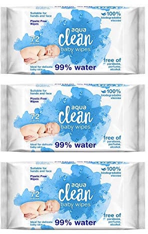 3 Pack Aqua Clean Baby Wet Wipes (72 Wipes) 99% Water 100% Biodegradable Plastic Free