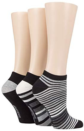 SockShop Ladies Striped, Plain and Mesh Bamboo Trainer Socks Pack of 3 Black 4-8